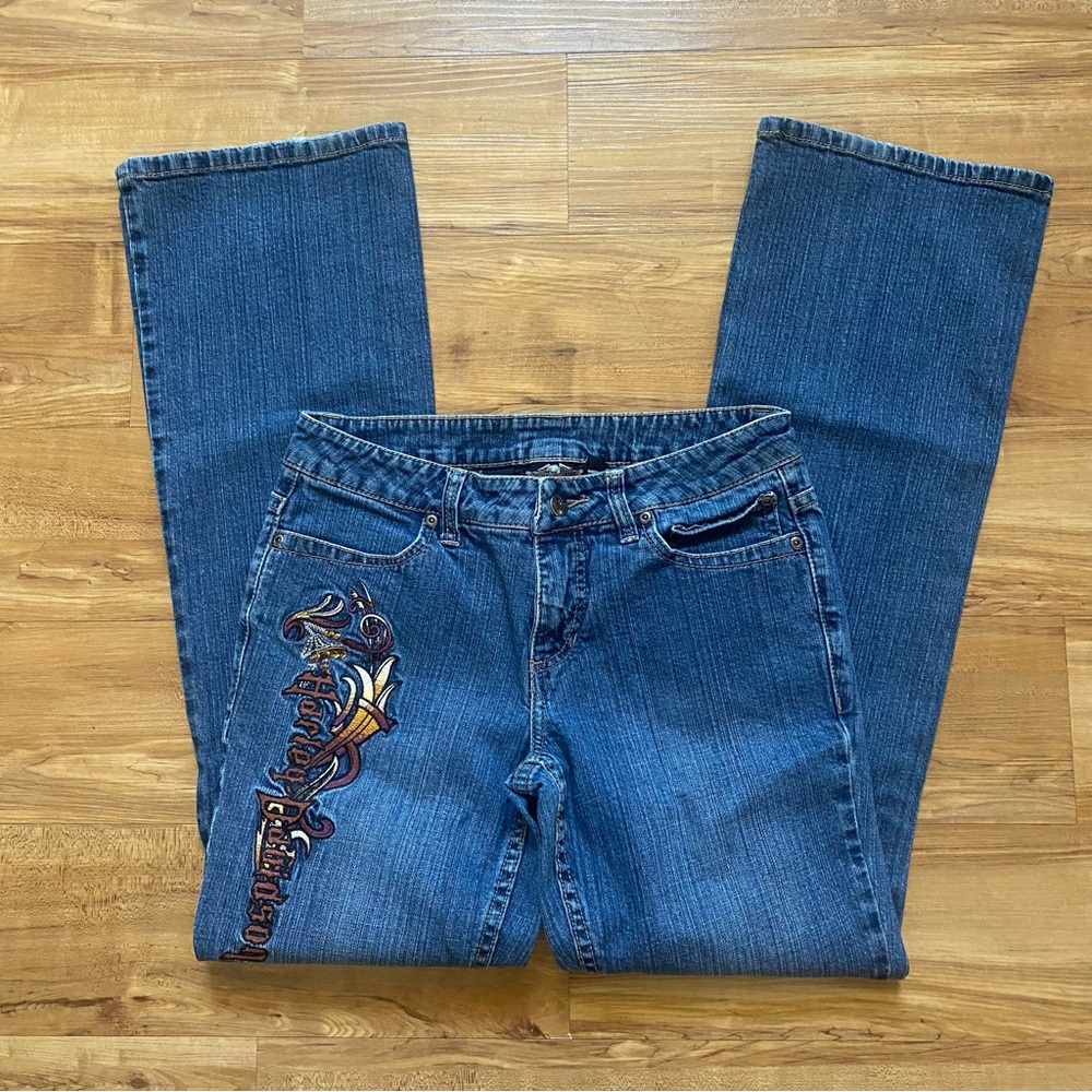 VTG Harley-Davidson Women 6 Blue Mid Rise Embroidered Bootcut Biker Jeans Moto